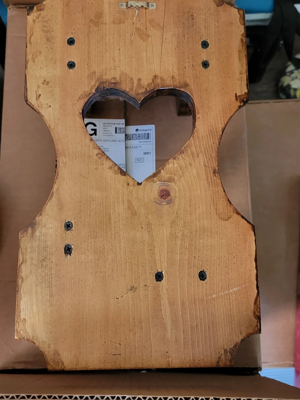 Hand-Painted Brown Wooden Wall Hook Panel with Heart Cutout